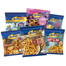 Aviko aardappelschijfjes, grip ‘n dip,
wavey blends, churros, puree of lachebekjes